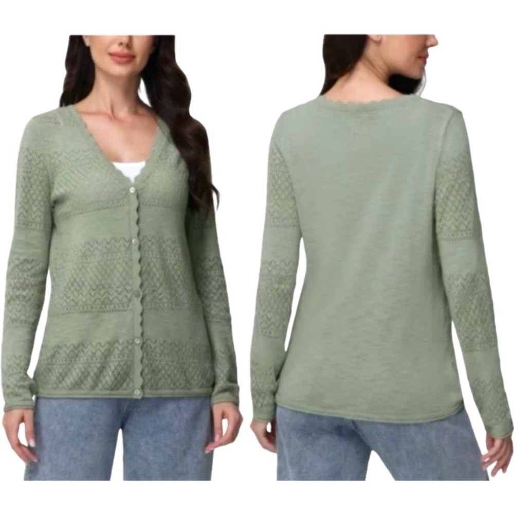 Frye Pointelle Cotton Cardigan Sweater M Green Sage Cottagecore Coastal Grandma